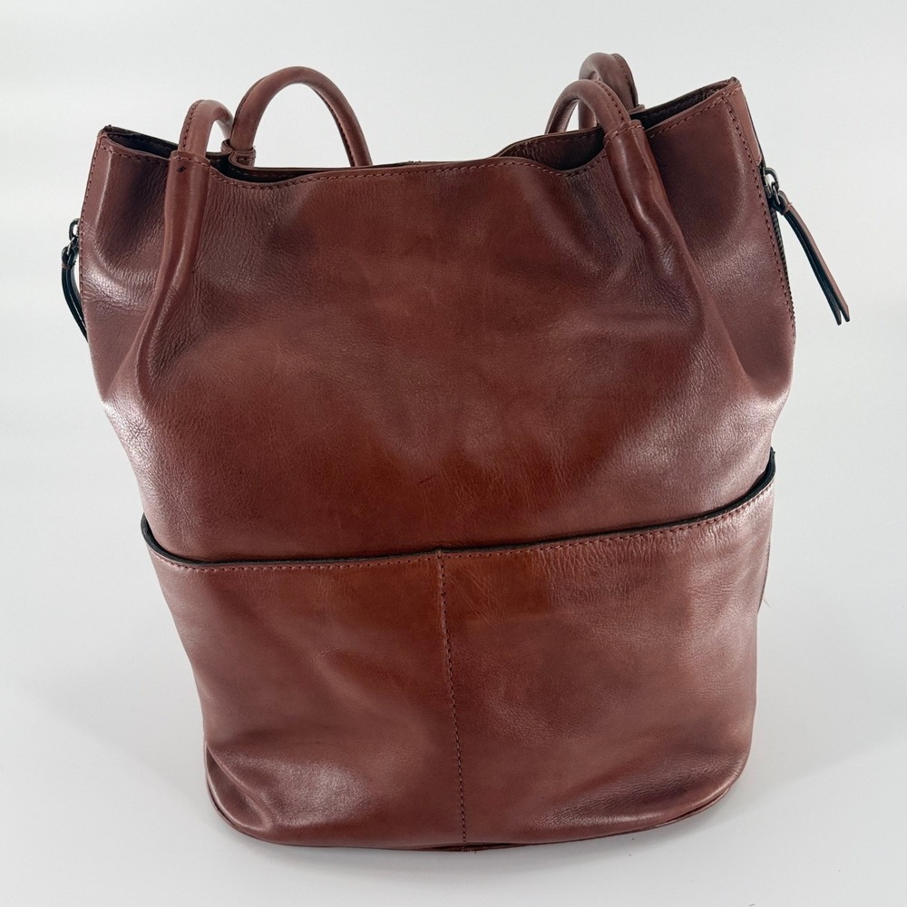 Brown Leather Shoulder Tote Bag Large Slouchy Zip Pocket Purse